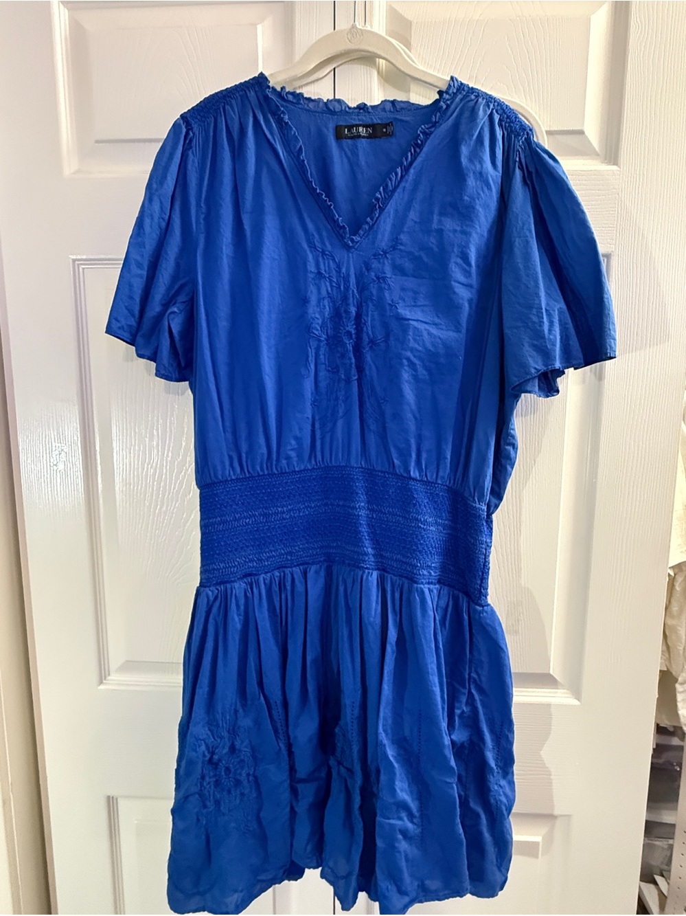 Lauren Ralph Lauren Cobalt Blue V-Neck Smocked-Waist Mini Dress